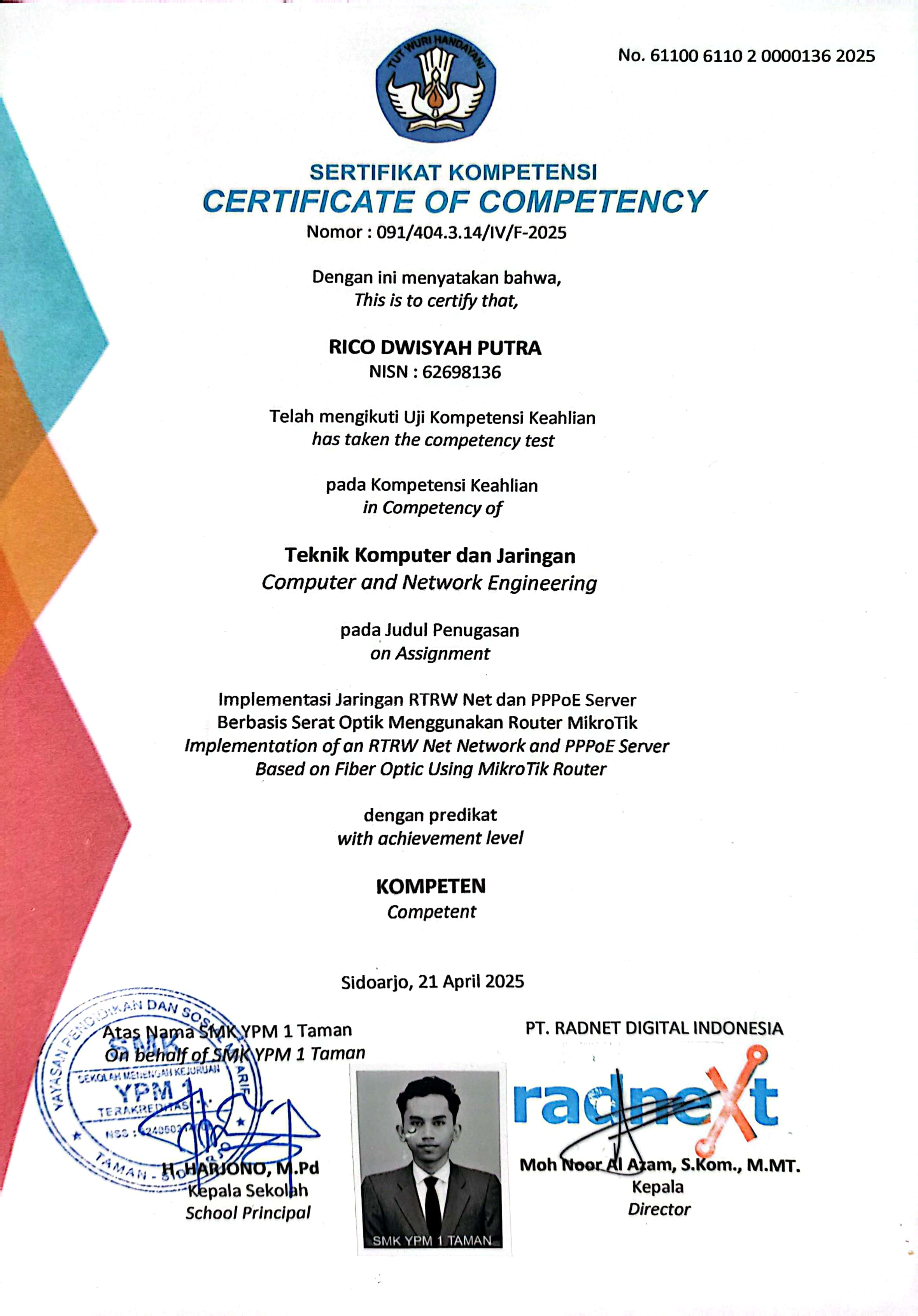 Certificate of Competency by PT. Radnet Digital Indonesia